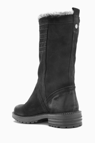 Black Leather Stitch Slouch Boots
